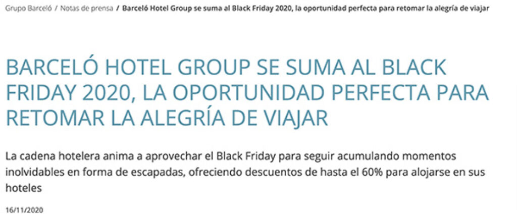 Black Friday Barceló Hotels - Nota de Prensa 2020