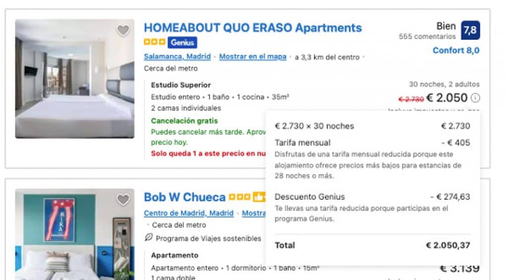 Tarifa mensual de Booking para estancias largas