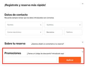 Casilla promociones para usar el código descuento en ByHours